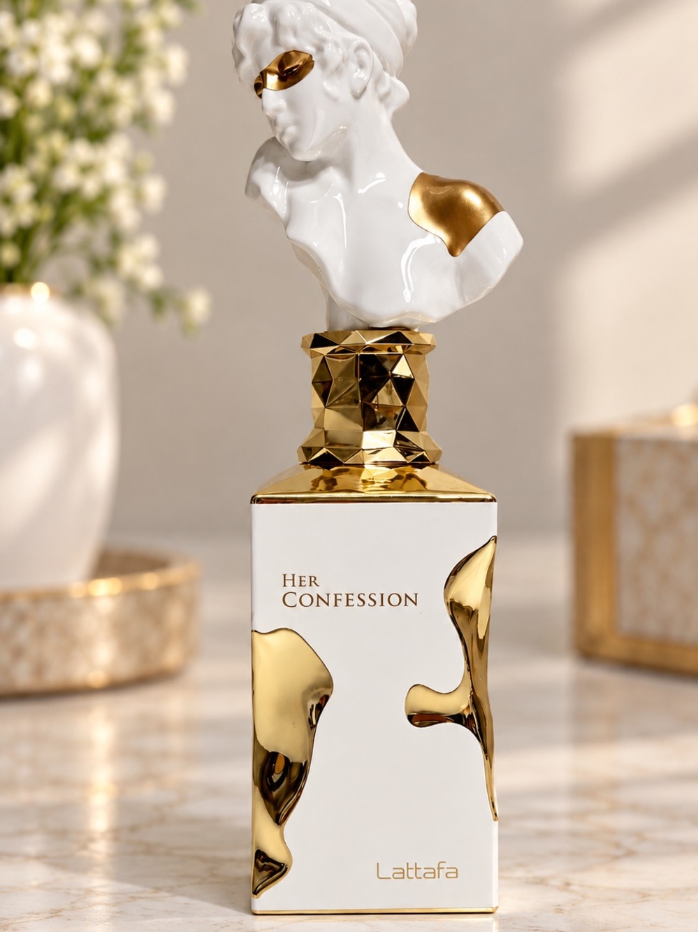 Lattafa Her Confession White and Gold Decorative Bottle Accent